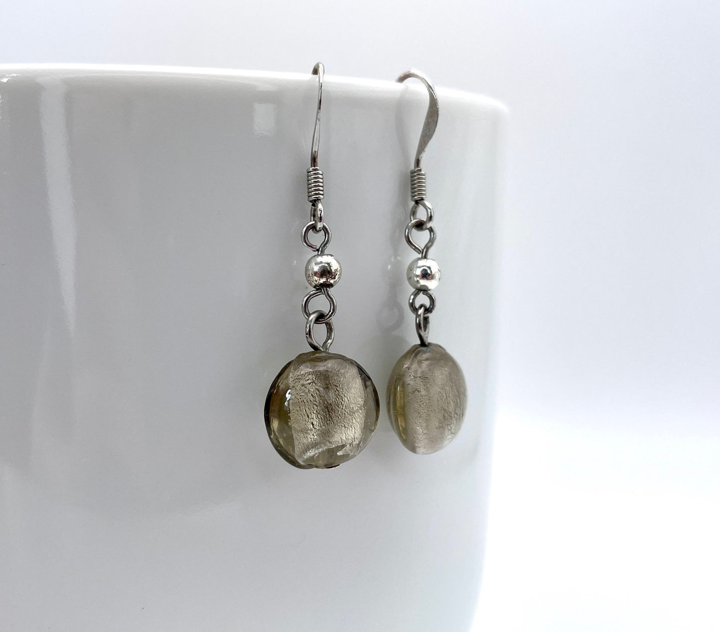 Vintage Silver Tone and Foiled Glass Drop Earrings - Statement / Retro
