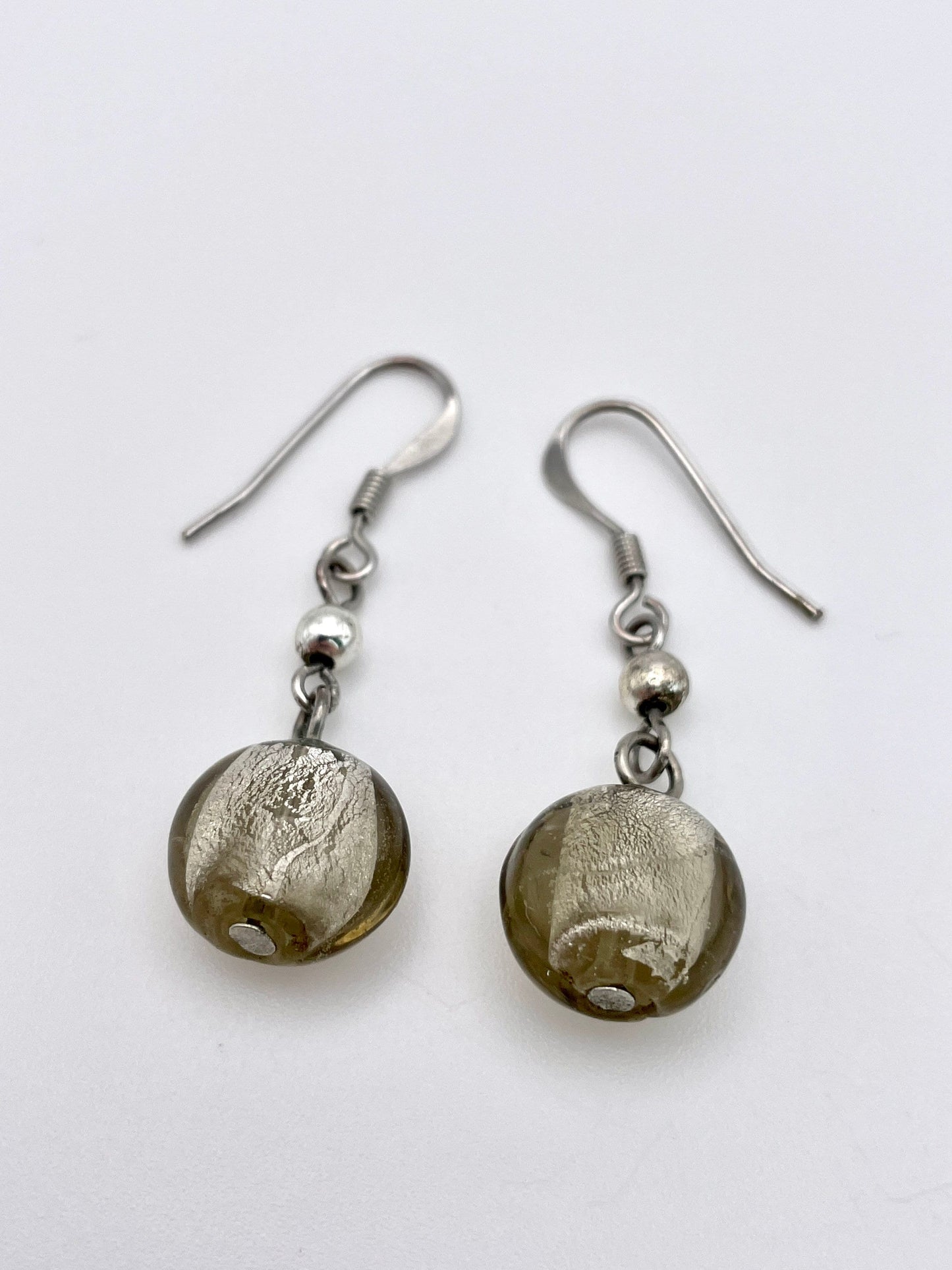 Vintage Silver Tone and Foiled Glass Drop Earrings - Statement / Retro