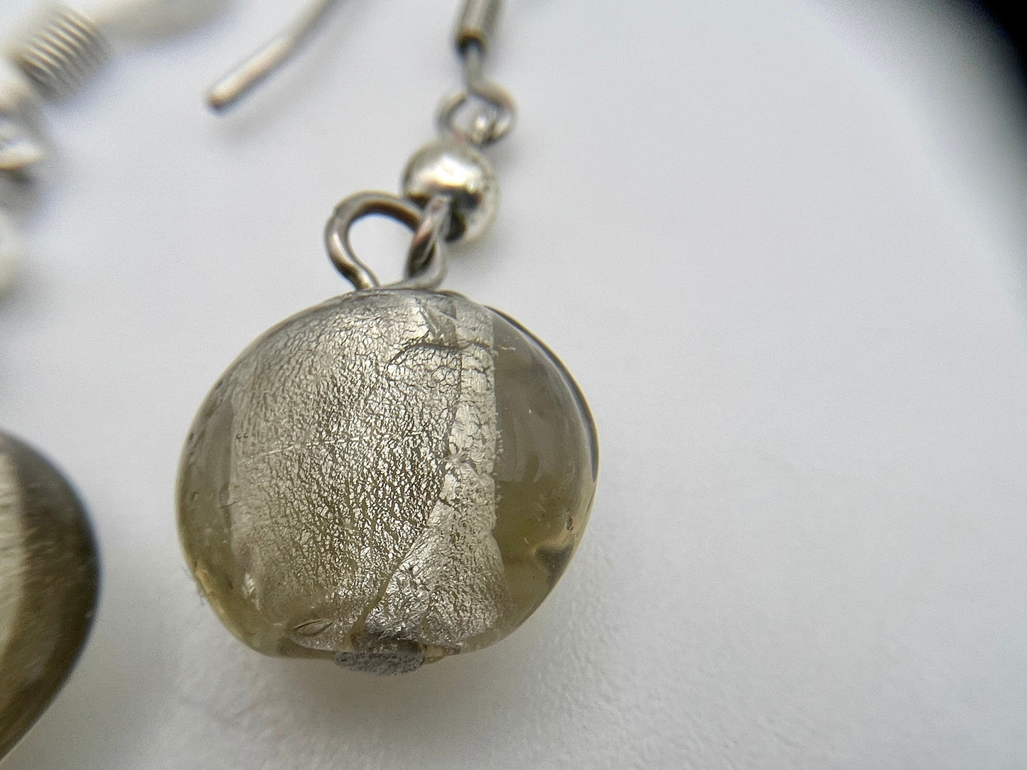Vintage Silver Tone and Foiled Glass Drop Earrings - Statement / Retro