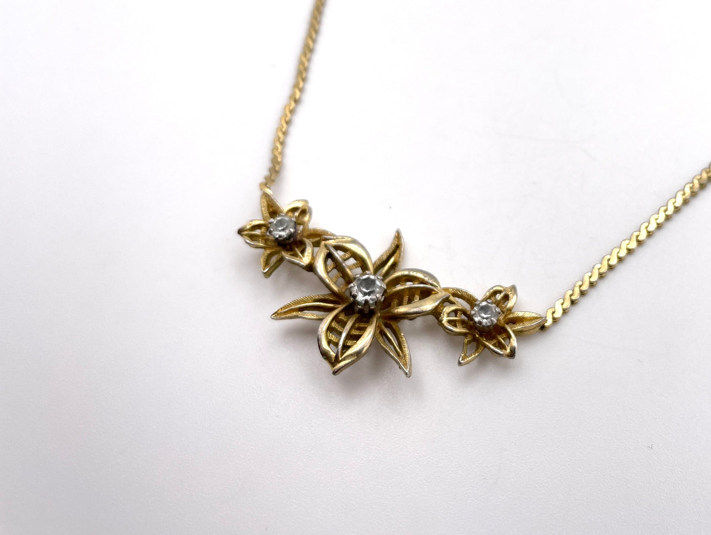Vintage D'orlan Necklace - Gold Tone / Floral / Flowers / White Stone / Signed