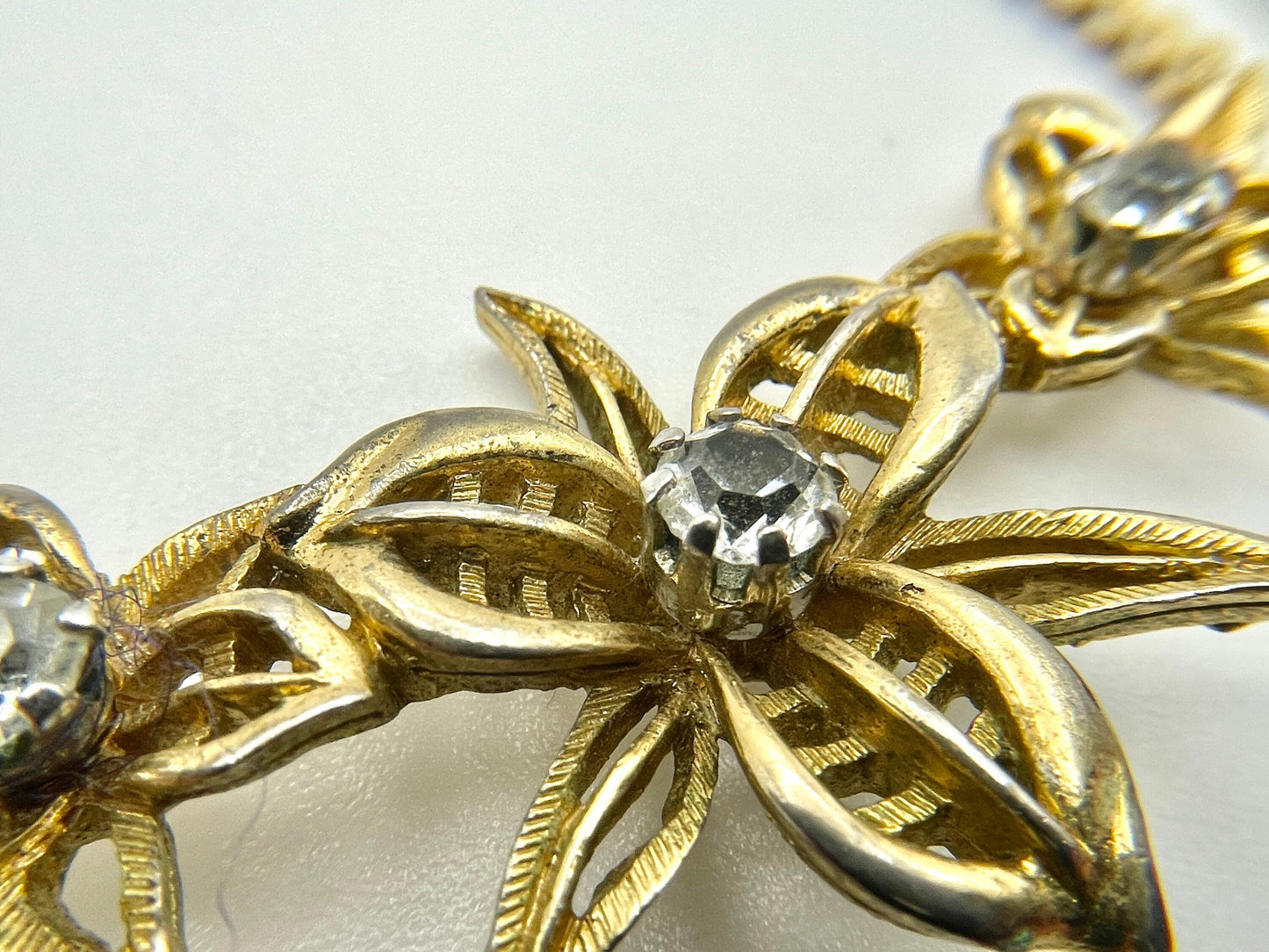 Vintage D'orlan Necklace - Gold Tone / Floral / Flowers / White Stone / Signed