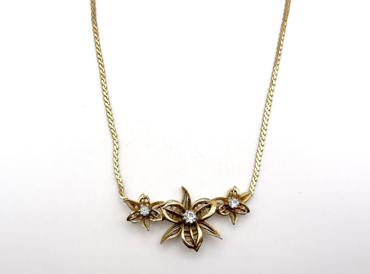 Vintage D'orlan Necklace - Gold Tone / Floral / Flowers / White Stone / Signed