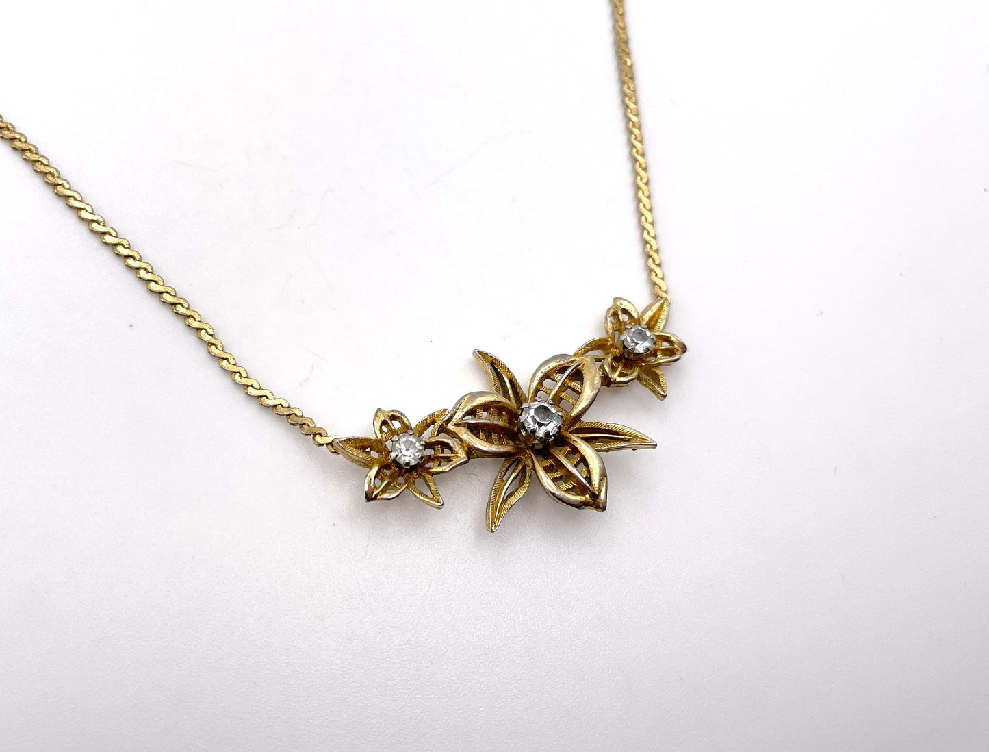 Vintage D'orlan Necklace - Gold Tone / Floral / Flowers / White Stone / Signed