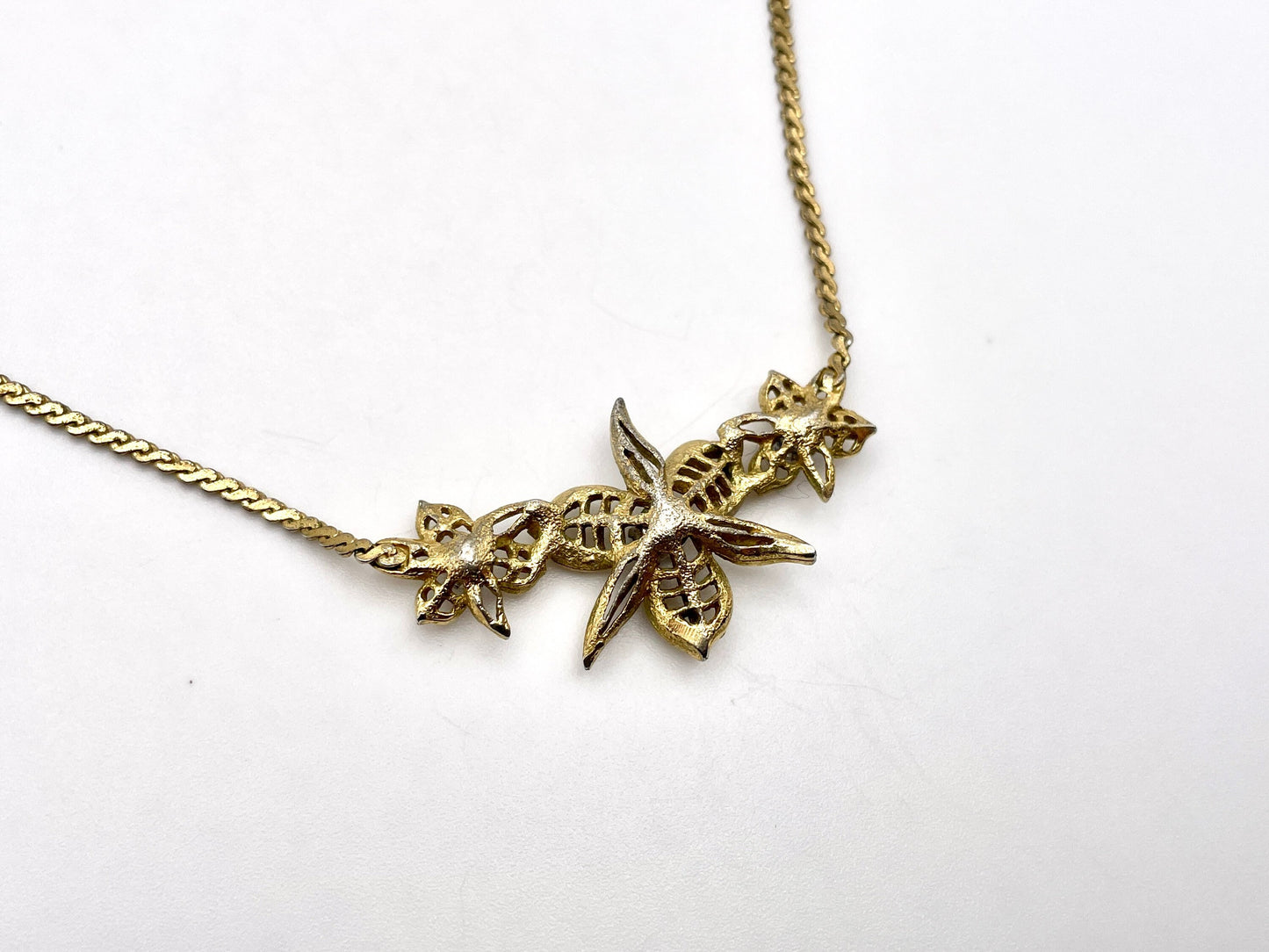 Vintage D'orlan Necklace - Gold Tone / Floral / Flowers / White Stone / Signed