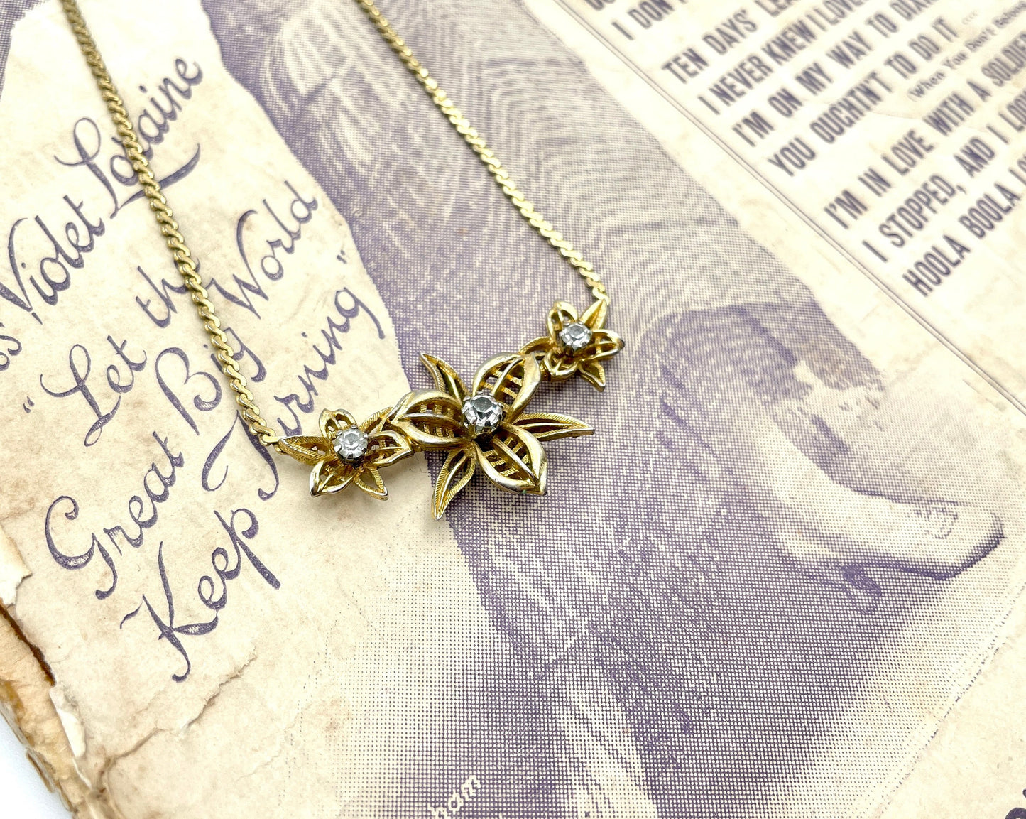 Vintage D'orlan Necklace - Gold Tone / Floral / Flowers / White Stone / Signed