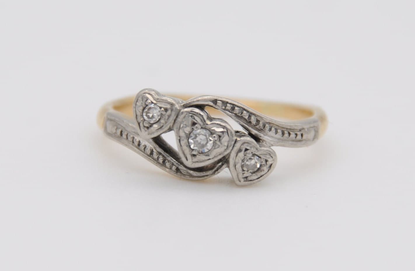 Vintage 18ct Gold, Platinum and Diamond Heart Engagement Ring - 18K / Detailed Shoulders / 3 Hearts / UK Size - i 1/2 / US Size - 4 1/2