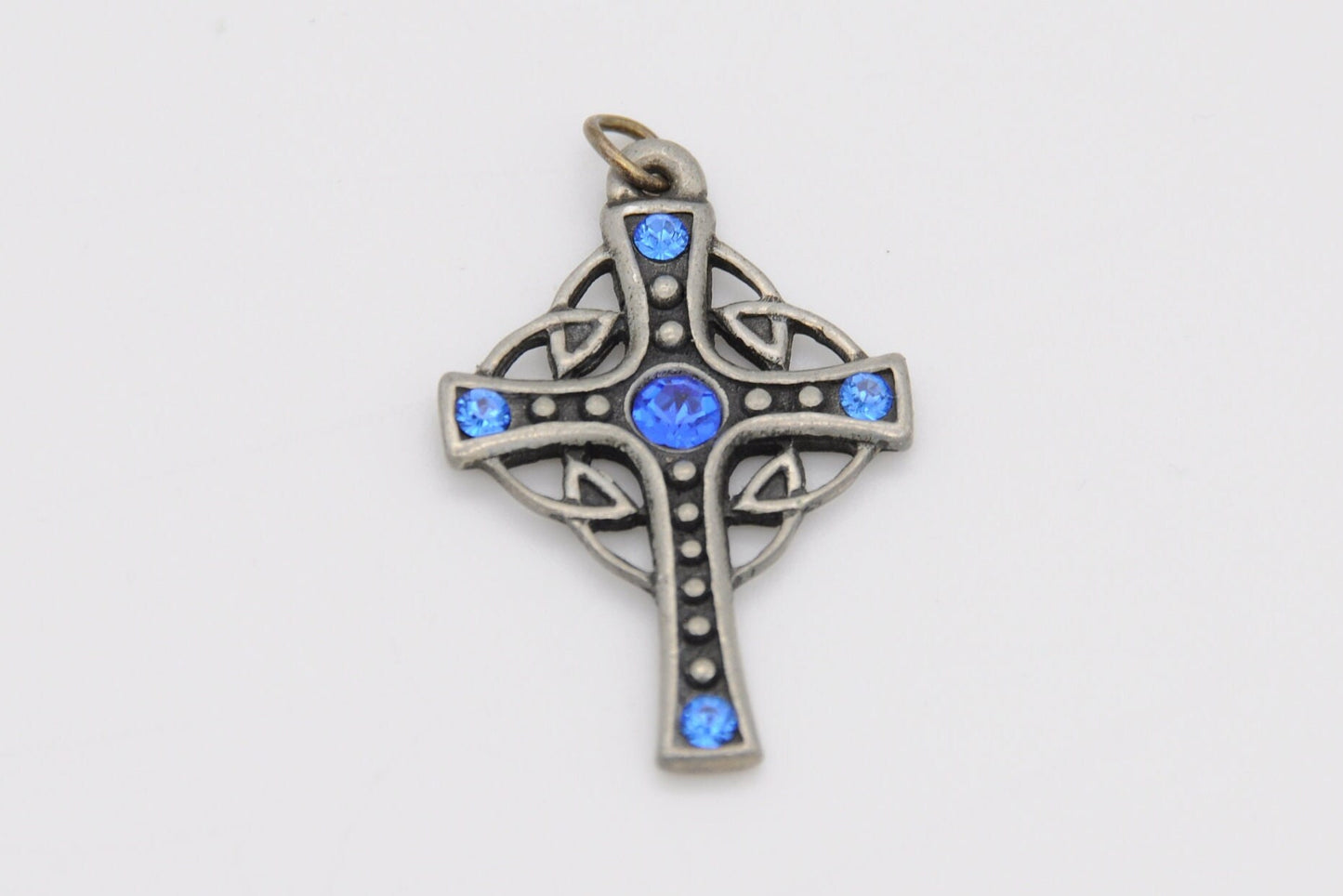 Vintage St Justin Pewter Cross Pendant - Celtic / SJ / Blue Stone / Religious / Cornwall / Necklace