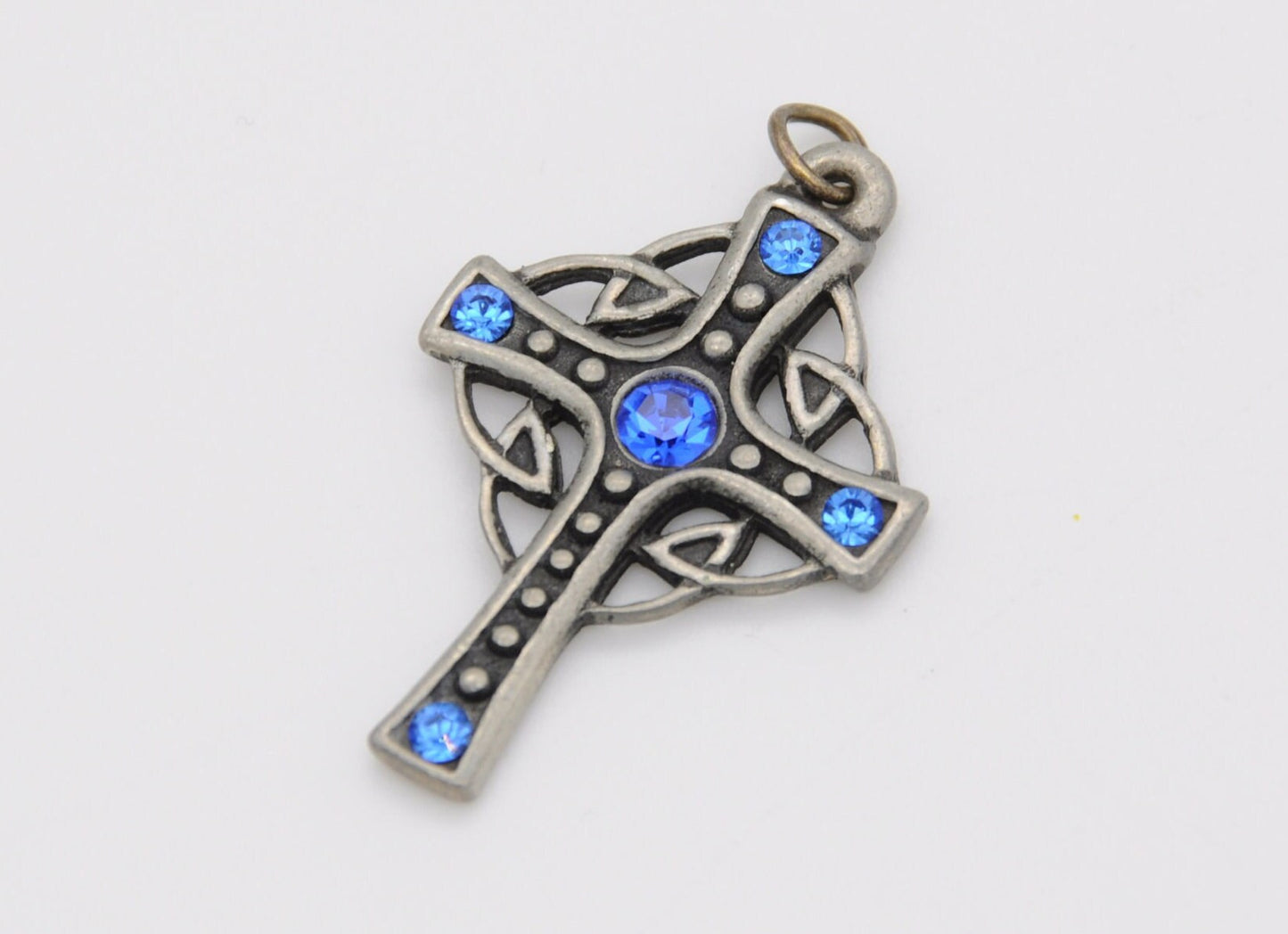 Vintage St Justin Pewter Cross Pendant - Celtic / SJ / Blue Stone / Religious / Cornwall / Necklace