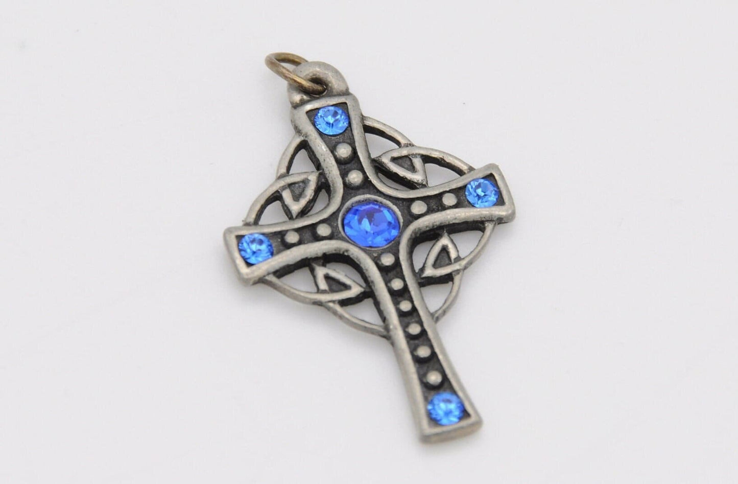 Vintage St Justin Pewter Cross Pendant - Celtic / SJ / Blue Stone / Religious / Cornwall / Necklace