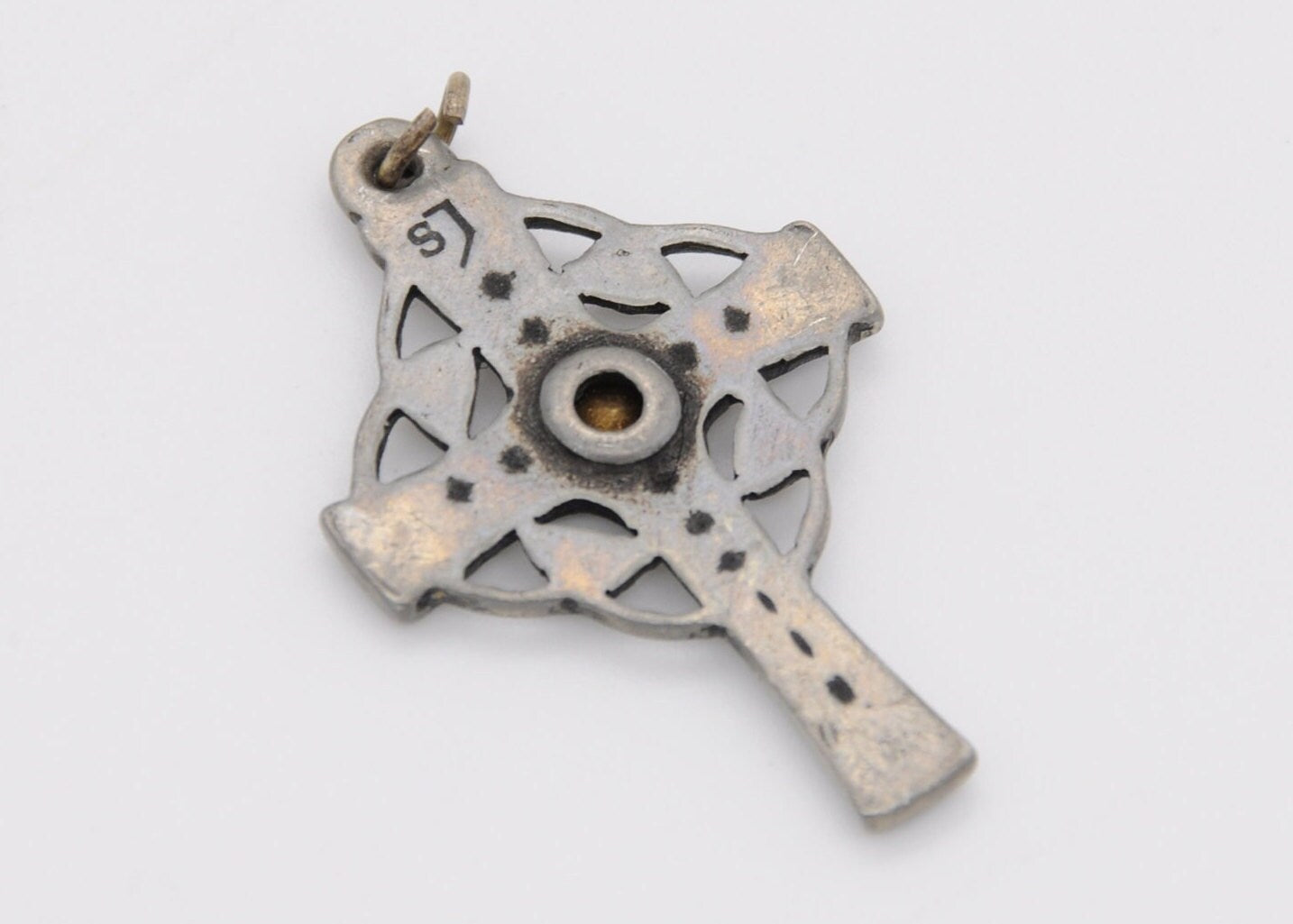 Vintage St Justin Pewter Cross Pendant - Celtic / SJ / Blue Stone / Religious / Cornwall / Necklace