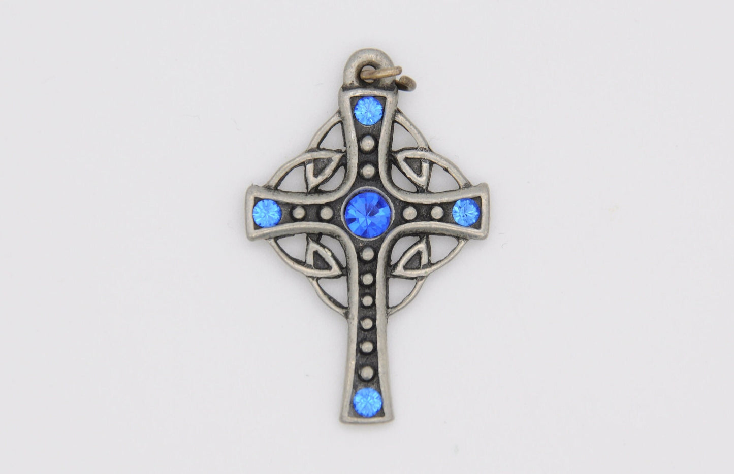 Vintage St Justin Pewter Cross Pendant - Celtic / SJ / Blue Stone / Religious / Cornwall / Necklace
