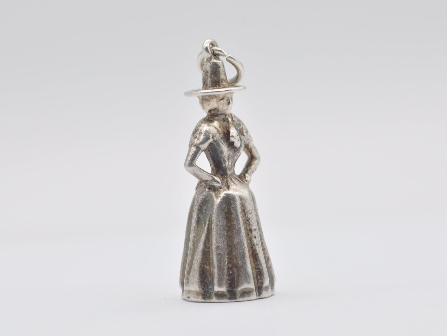 Vintage Silver Crinoline Woman Charm / Pendant - Hat / Dress / Arms Crossed / Charm Bracelet