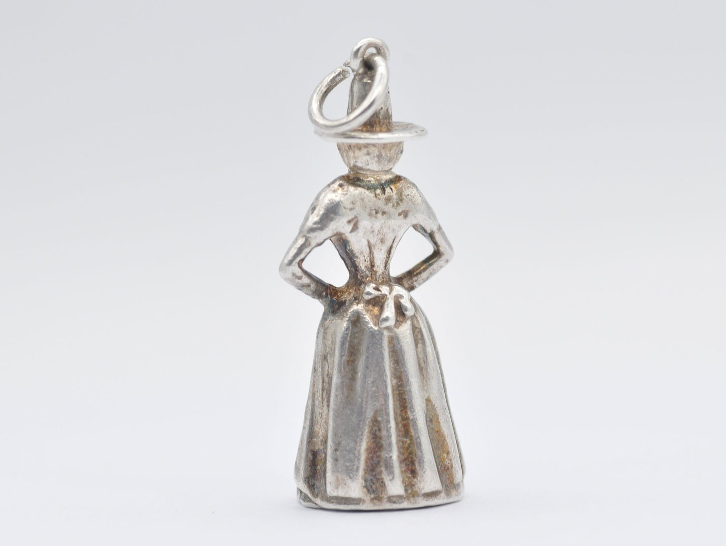 Vintage Silver Crinoline Woman Charm / Pendant - Hat / Dress / Arms Crossed / Charm Bracelet