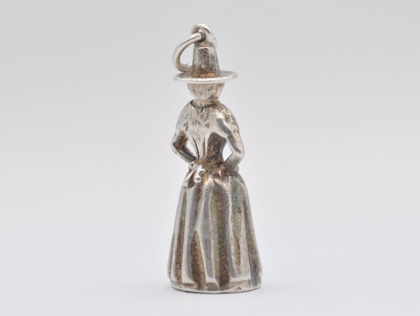 Vintage Silver Crinoline Woman Charm / Pendant - Hat / Dress / Arms Crossed / Charm Bracelet