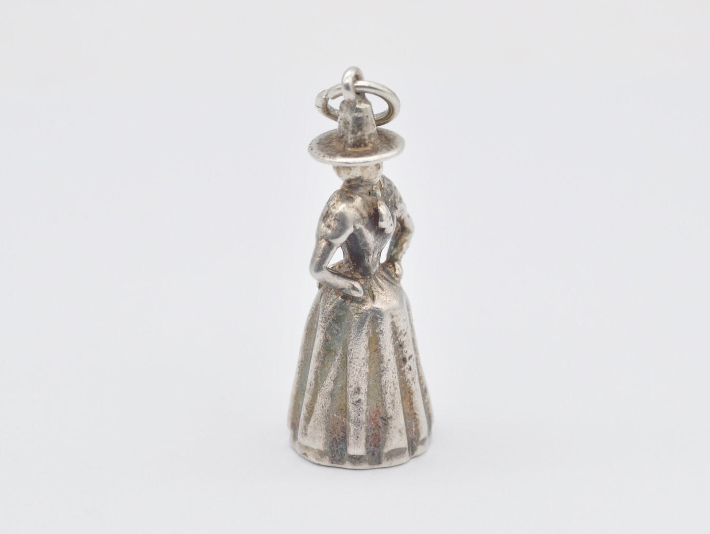 Vintage Silver Crinoline Woman Charm / Pendant - Hat / Dress / Arms Crossed / Charm Bracelet