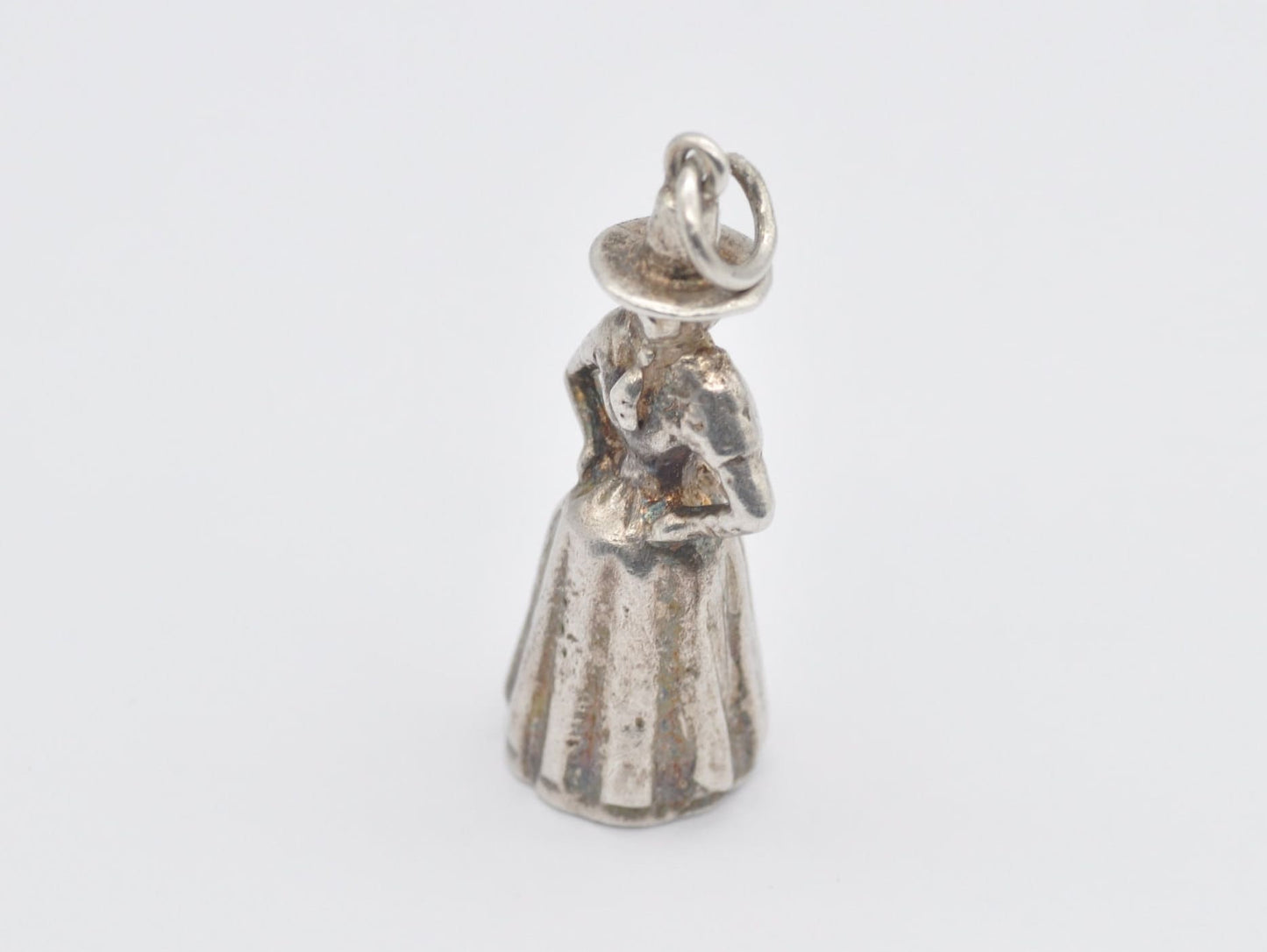 Vintage Silver Crinoline Woman Charm / Pendant - Hat / Dress / Arms Crossed / Charm Bracelet