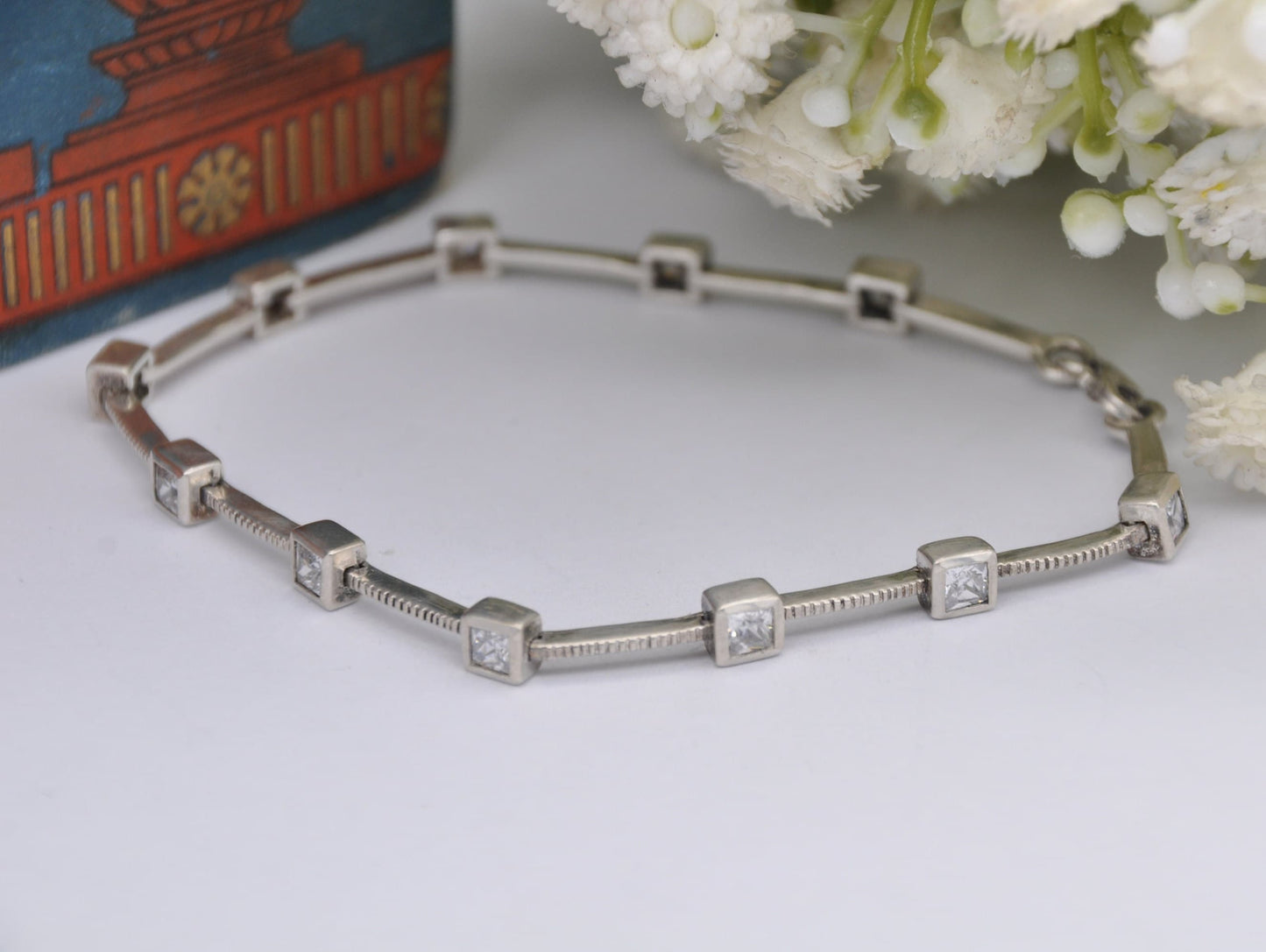 Vintage Sterling Silver and Cubic Zirconia Fancy Link Bracelet - CZ | White Stone | 925 | Chain