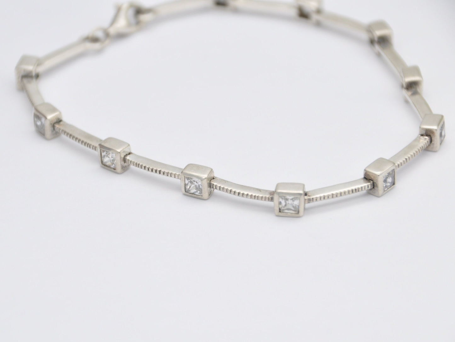 Vintage Sterling Silver and Cubic Zirconia Fancy Link Bracelet - CZ | White Stone | 925 | Chain