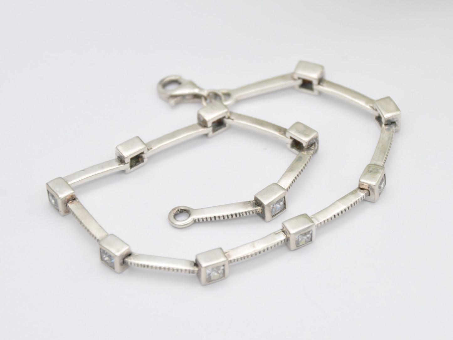 Vintage Sterling Silver and Cubic Zirconia Fancy Link Bracelet - CZ | White Stone | 925 | Chain