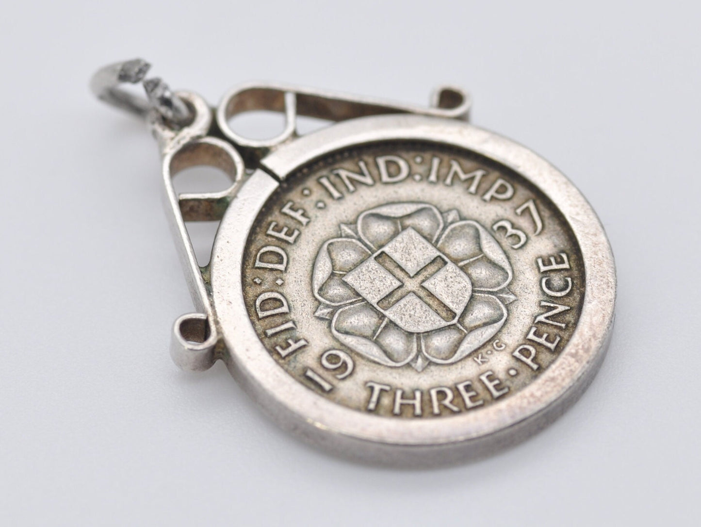 Vintage Silver George VI 3 Pence 1937 Coin Charm / Pendant - Coin Jewellery / British / King / Royalty / Mount / Charm Bracelet