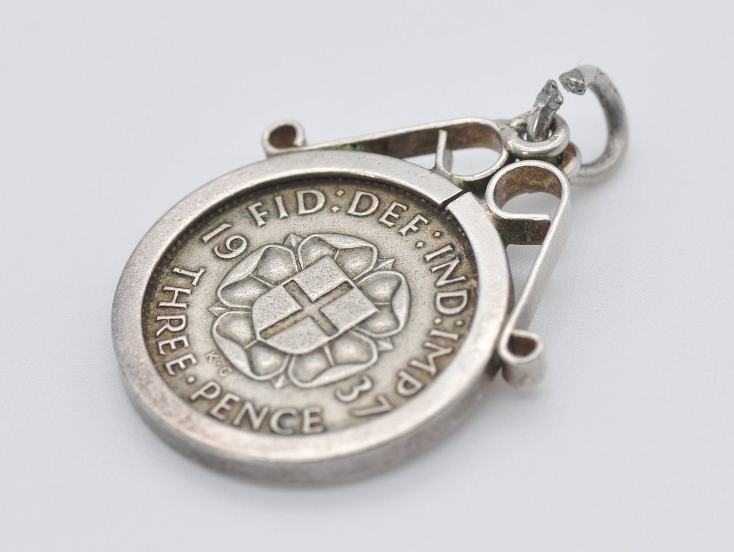 Vintage Silver George VI 3 Pence 1937 Coin Charm / Pendant - Coin Jewellery / British / King / Royalty / Mount / Charm Bracelet