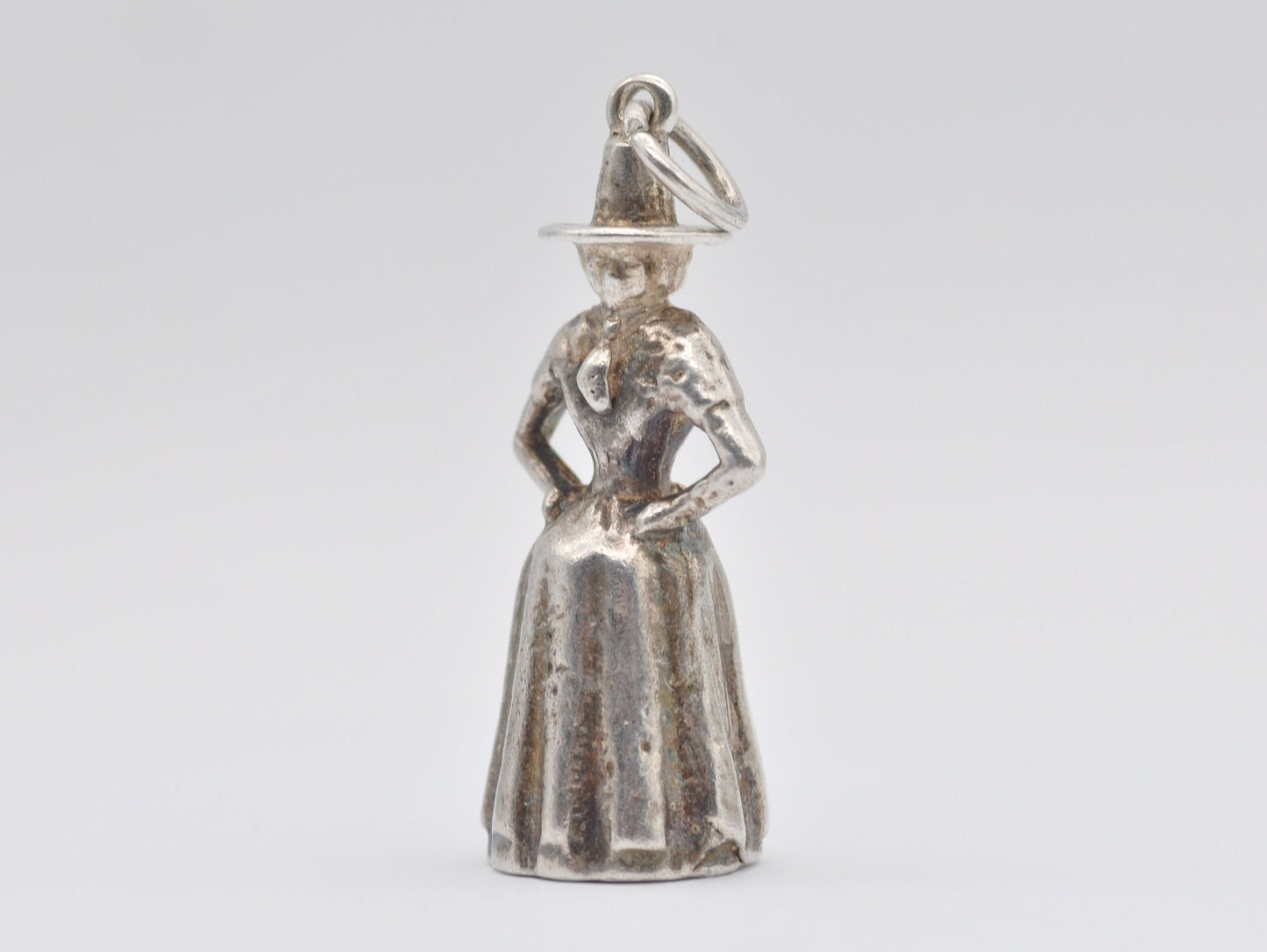 Vintage Silver Crinoline Woman Charm / Pendant - Hat / Dress / Arms Crossed / Charm Bracelet