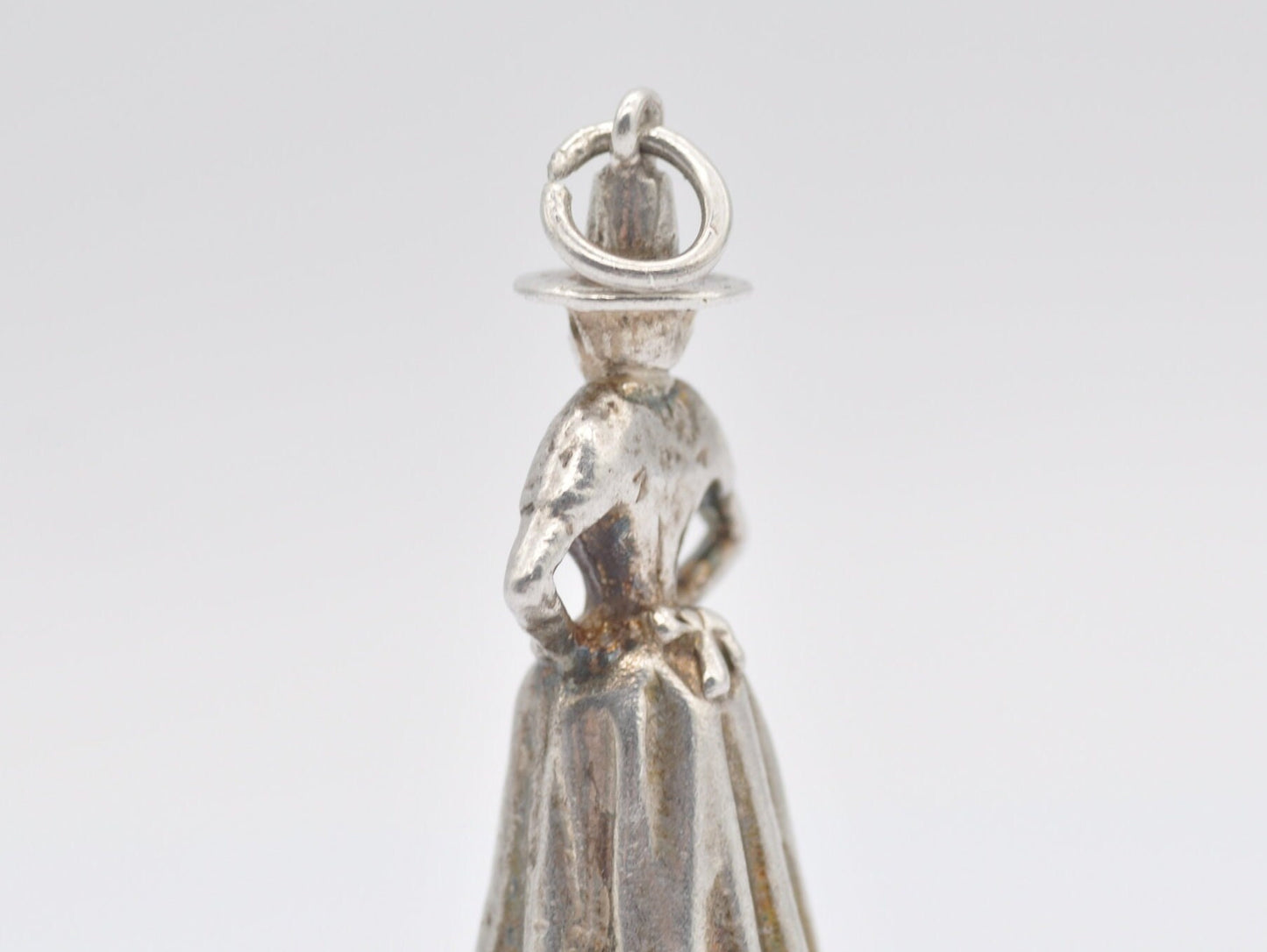 Vintage Silver Crinoline Woman Charm / Pendant - Hat / Dress / Arms Crossed / Charm Bracelet