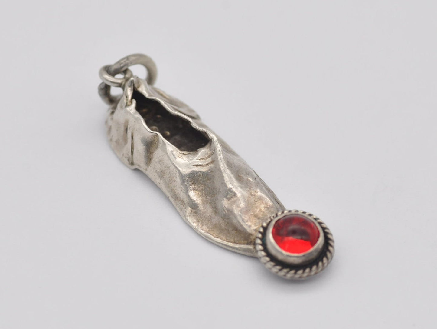Vintage Silver Slipper with Red Stone Charm / Pendant - 900 Silver / Gem Set / Shoe / Charm Bracelet