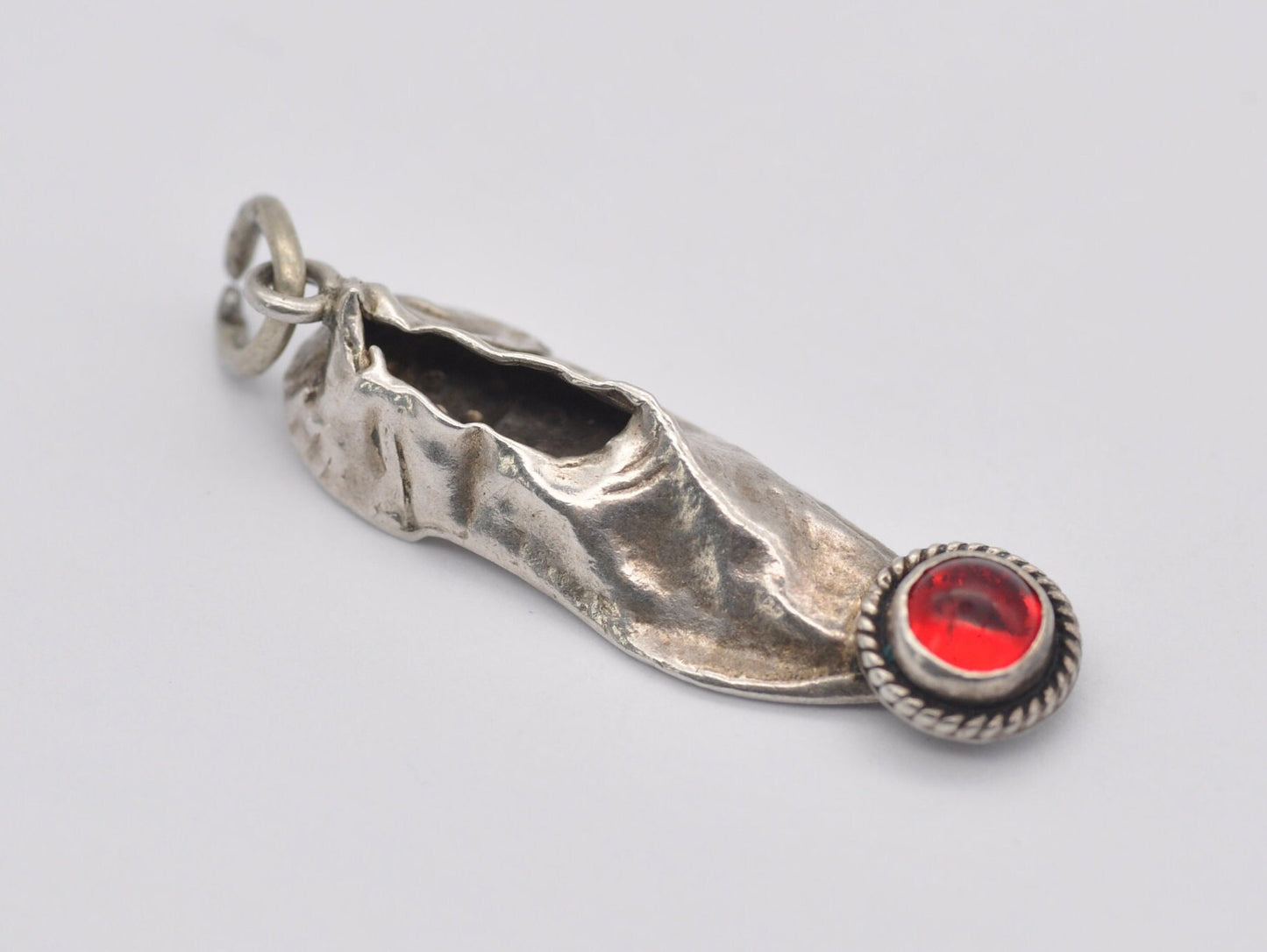 Vintage Silver Slipper with Red Stone Charm / Pendant - 900 Silver / Gem Set / Shoe / Charm Bracelet