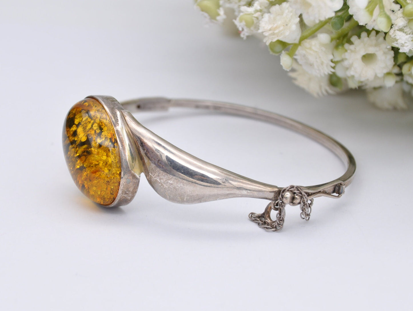 Vintage Sterling Silver and Amber Bangle