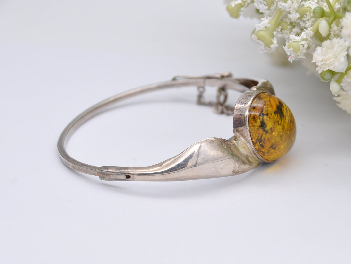 Vintage Sterling Silver and Amber Bangle