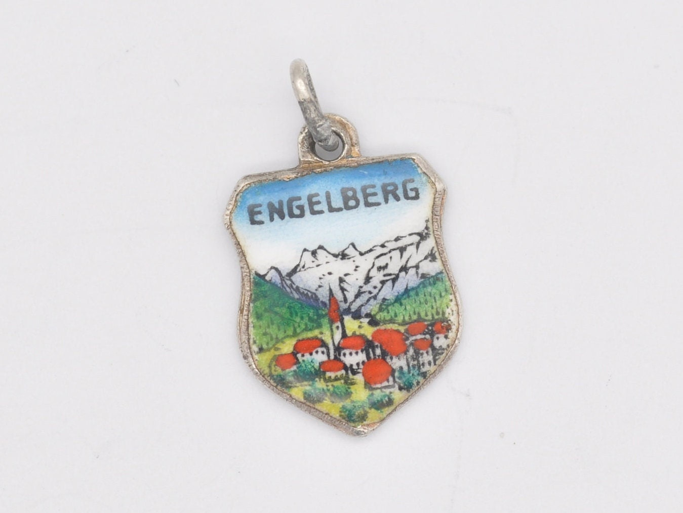 Vintage Silver and Enamel Engelberg Souvenir Shield Charm / Pendant - Switzerland / Tourist / Travel / Village / Charm Bracelet / 800