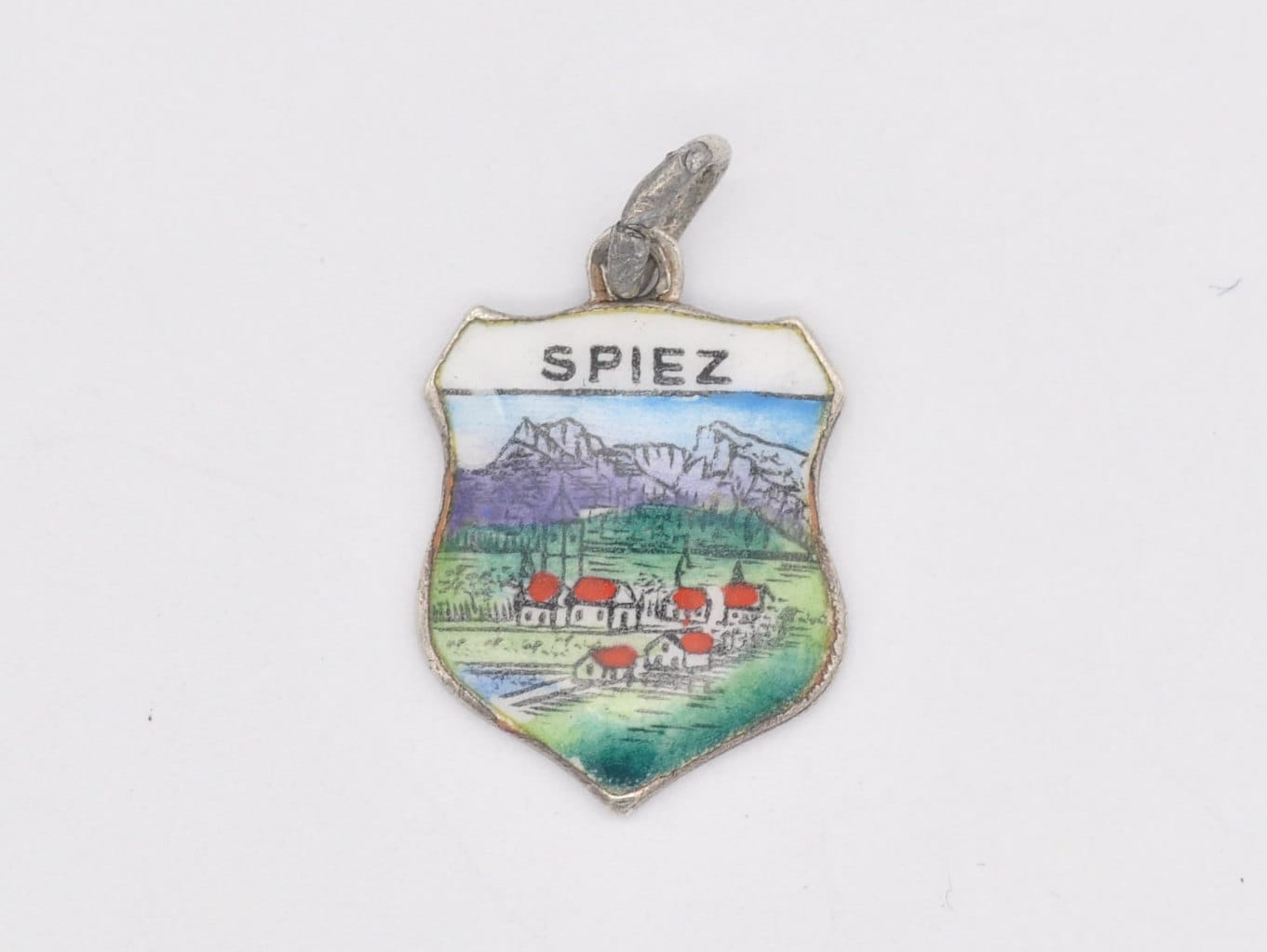 Vintage Silver and Enamel Spiez Souvenir Shield Charm / Pendant - Switzerland / Tourist / Travel / Charm Bracelet / 800 / Scrap Book