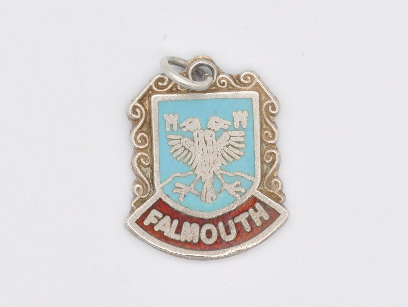 Vintage Sterling Silver Falmouth Enamel Souvenir Shield Charm / Pendant - England / Cornwall / Tourist / 925 / Charm Bracelet / Scrap Book