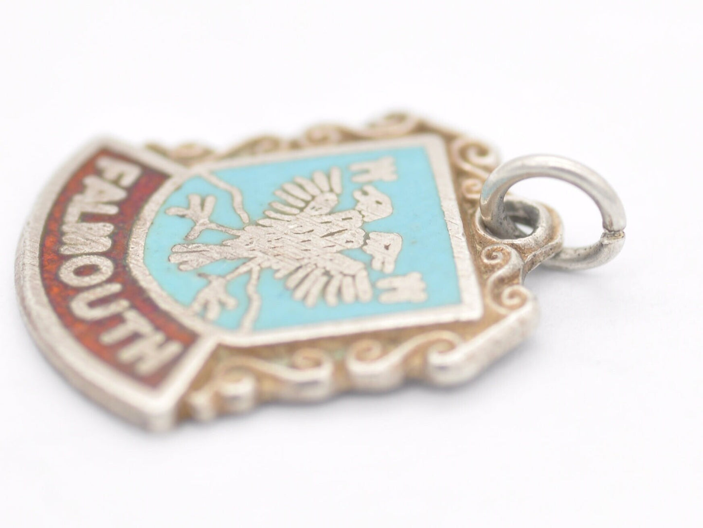 Vintage Sterling Silver Falmouth Enamel Souvenir Shield Charm / Pendant - England / Cornwall / Tourist / 925 / Charm Bracelet / Scrap Book