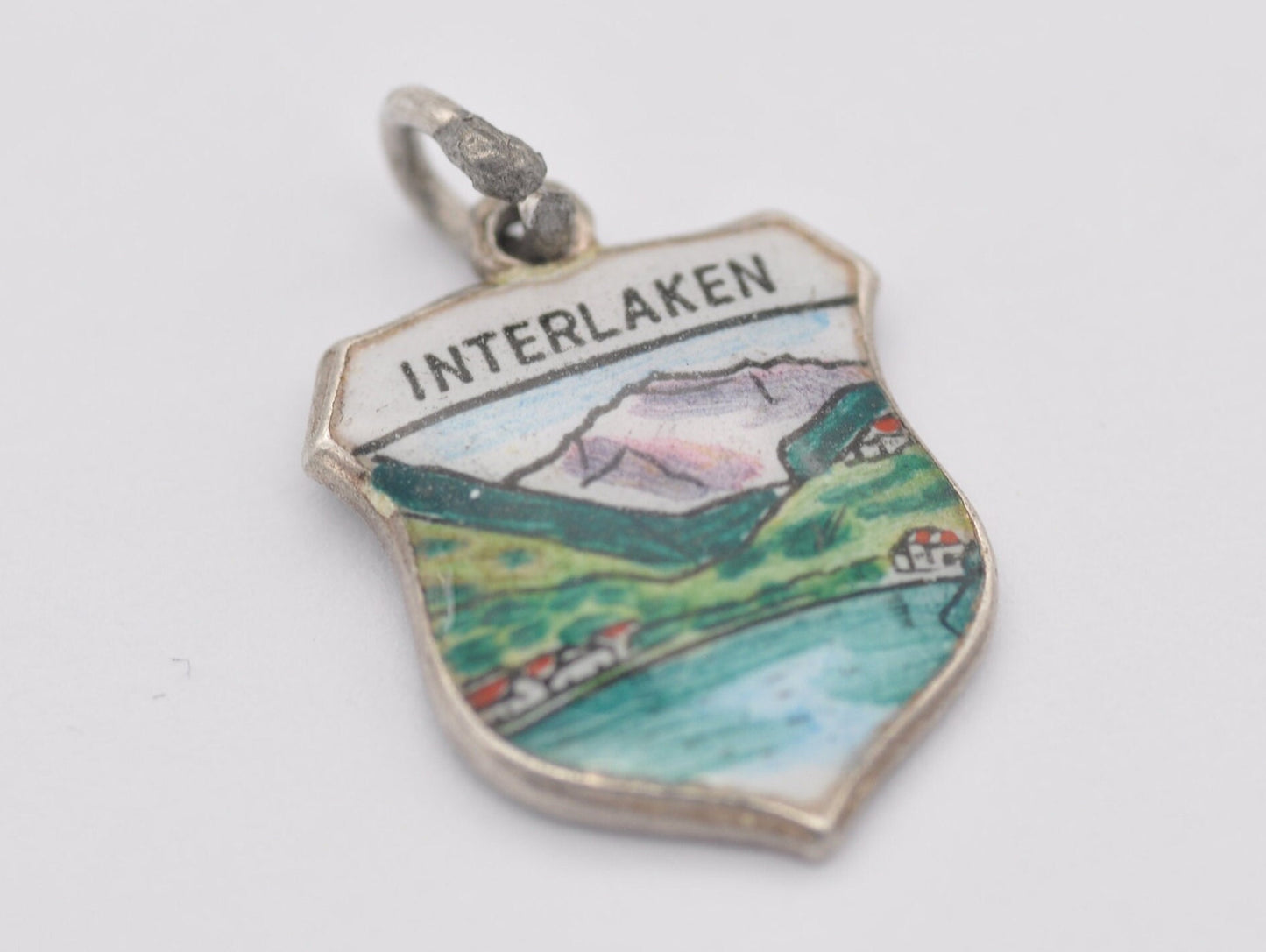 Vintage Silver and Enamel Interlaken Souvenir Shield Charm / Pendant - Switzerland / Tourist / Swiss / Travel / Charm Bracelet / 800