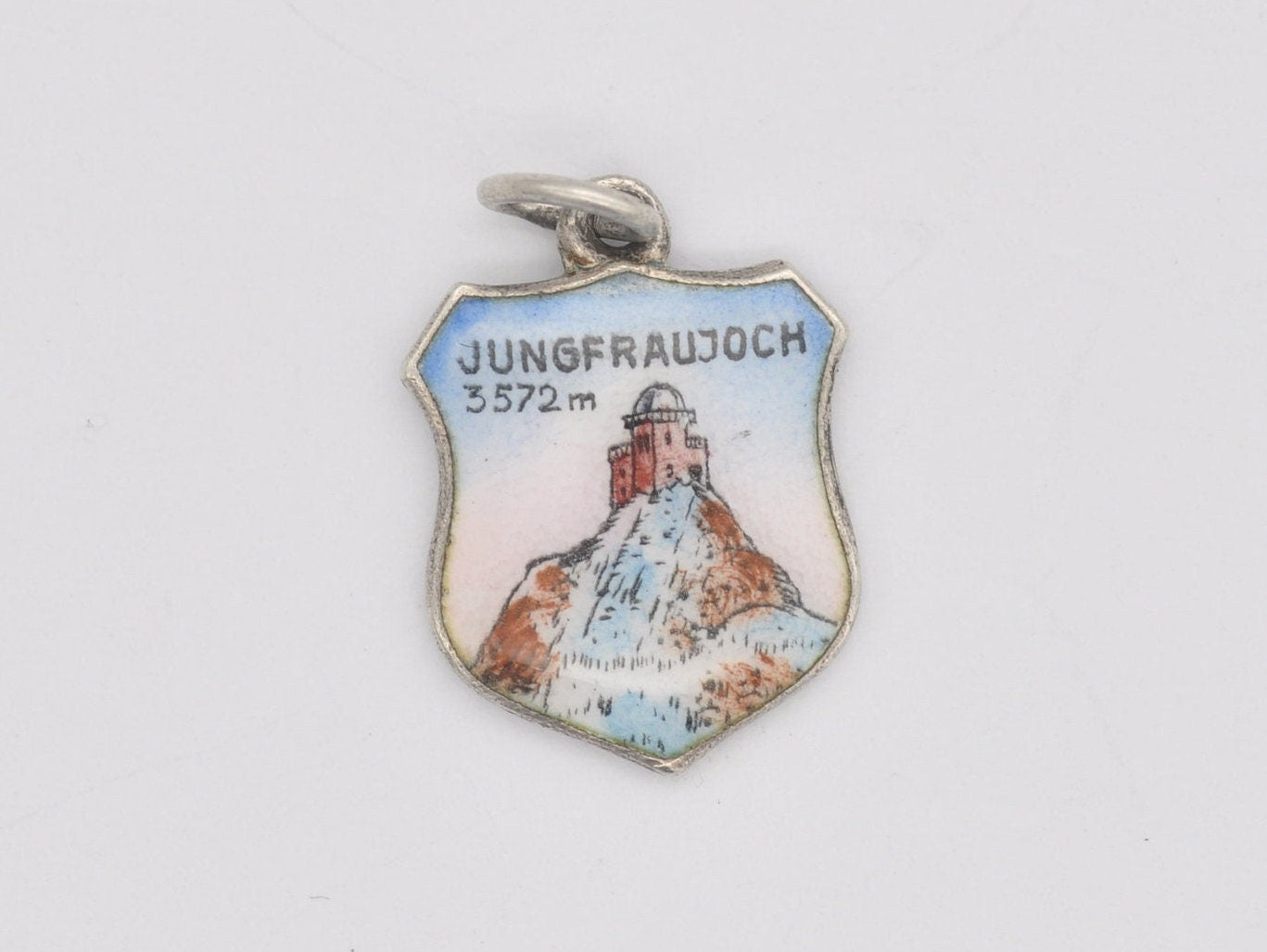 Vintage Silver Jungfraujoch Enamel Souvenir Shield Charm / Pendant - Swiss / Switzerland / Tourist / 800 / Charm Bracelet / Scrap Book