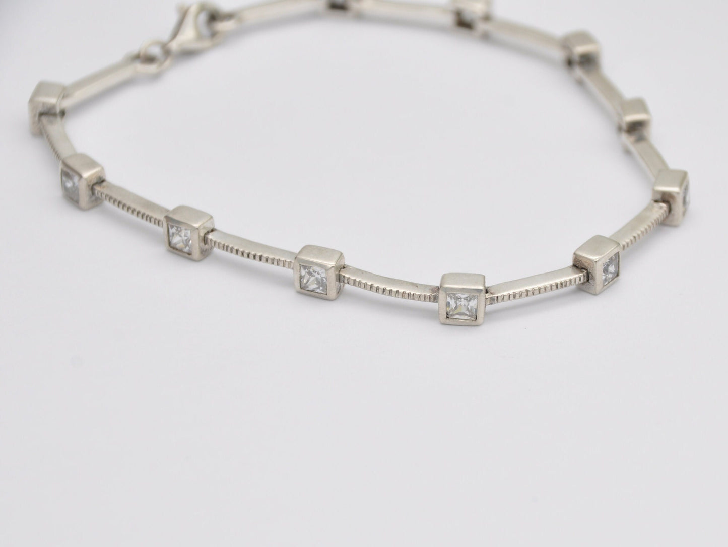 Vintage Sterling Silver and Cubic Zirconia Fancy Link Bracelet - CZ | White Stone | 925 | Chain