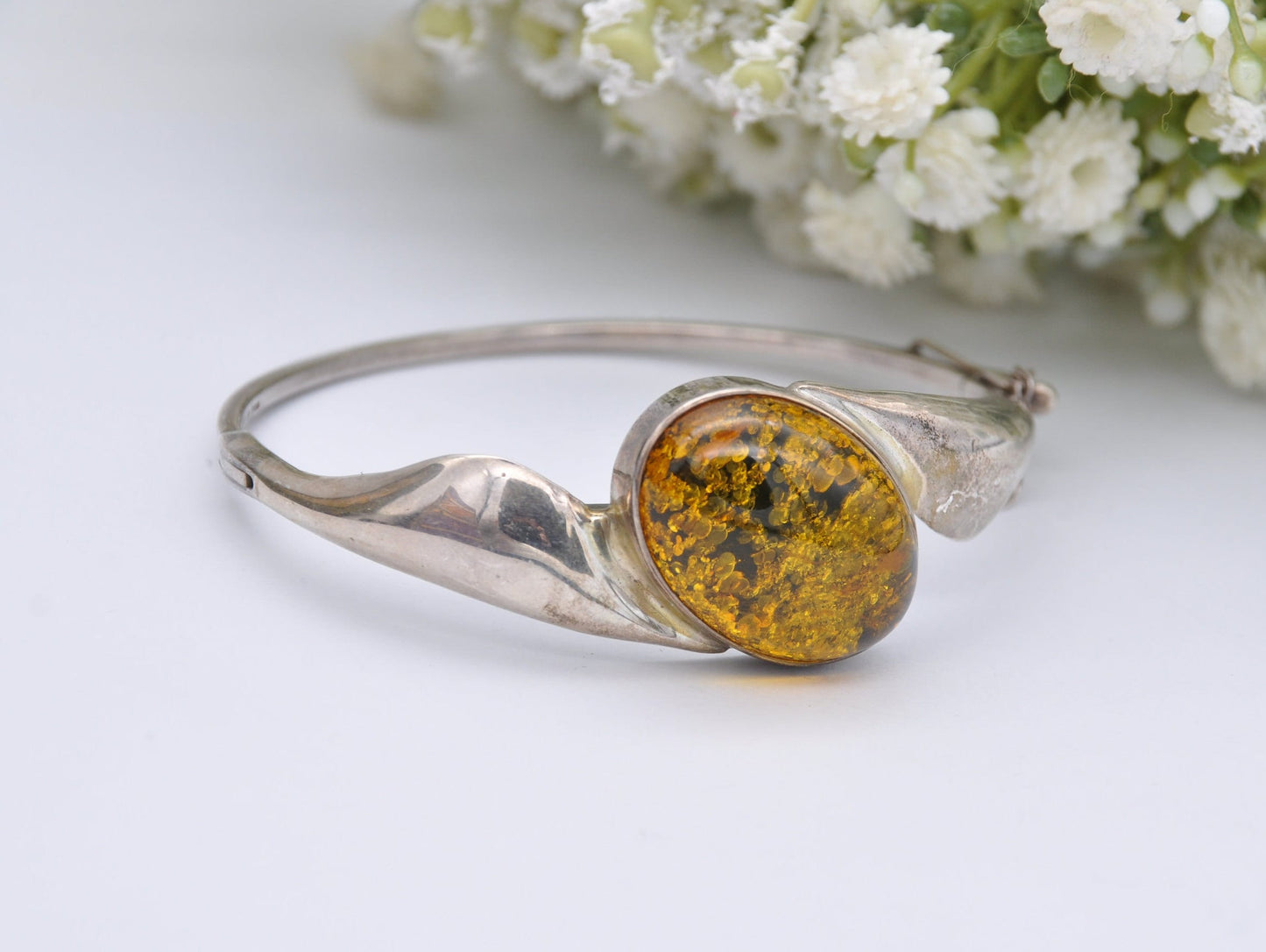 Vintage Sterling Silver and Amber Bangle