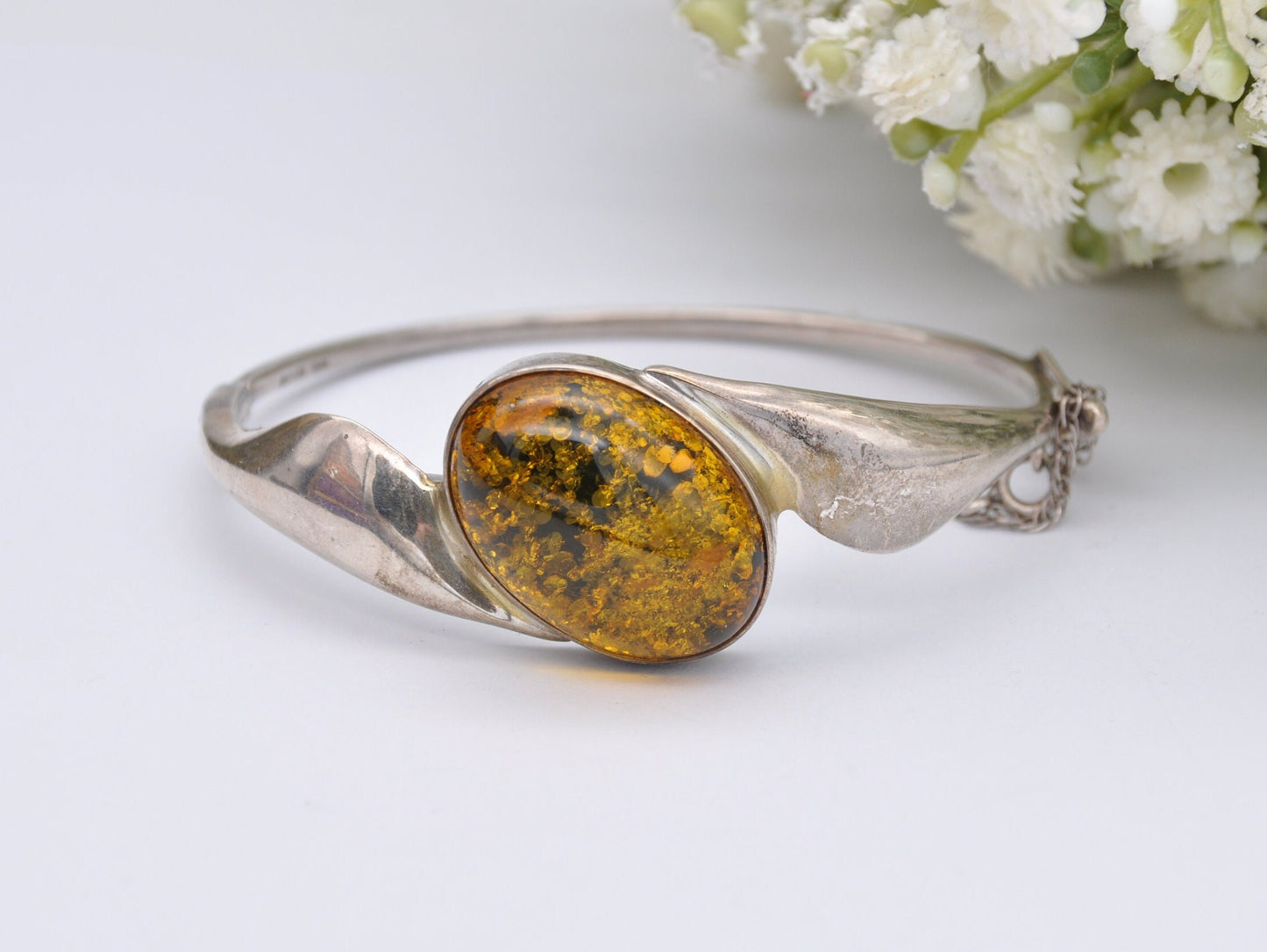Vintage Sterling Silver and Amber Bangle