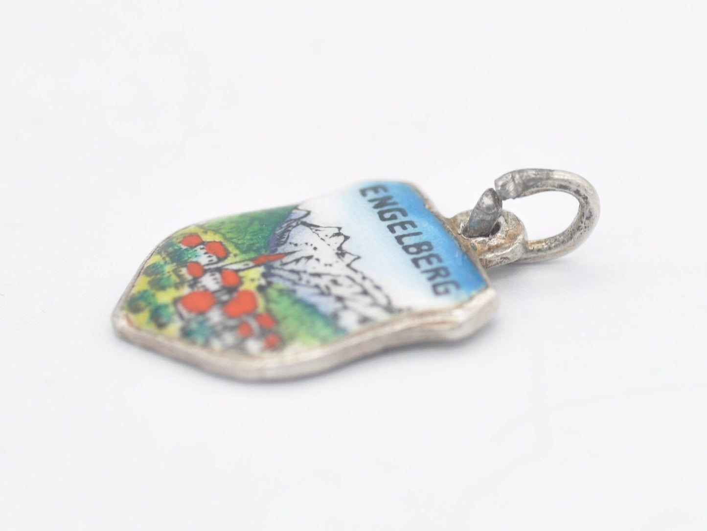 Vintage Silver and Enamel Engelberg Souvenir Shield Charm / Pendant - Switzerland / Tourist / Travel / Village / Charm Bracelet / 800