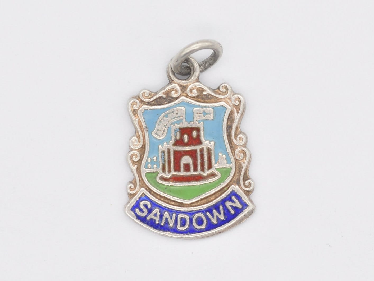 Vintage Sterling Silver Sandown Enamel Souvenir Shield Charm / Pendant - Isle of Wight / Travel / Tourist / Charm Bracelet / Scrap Book