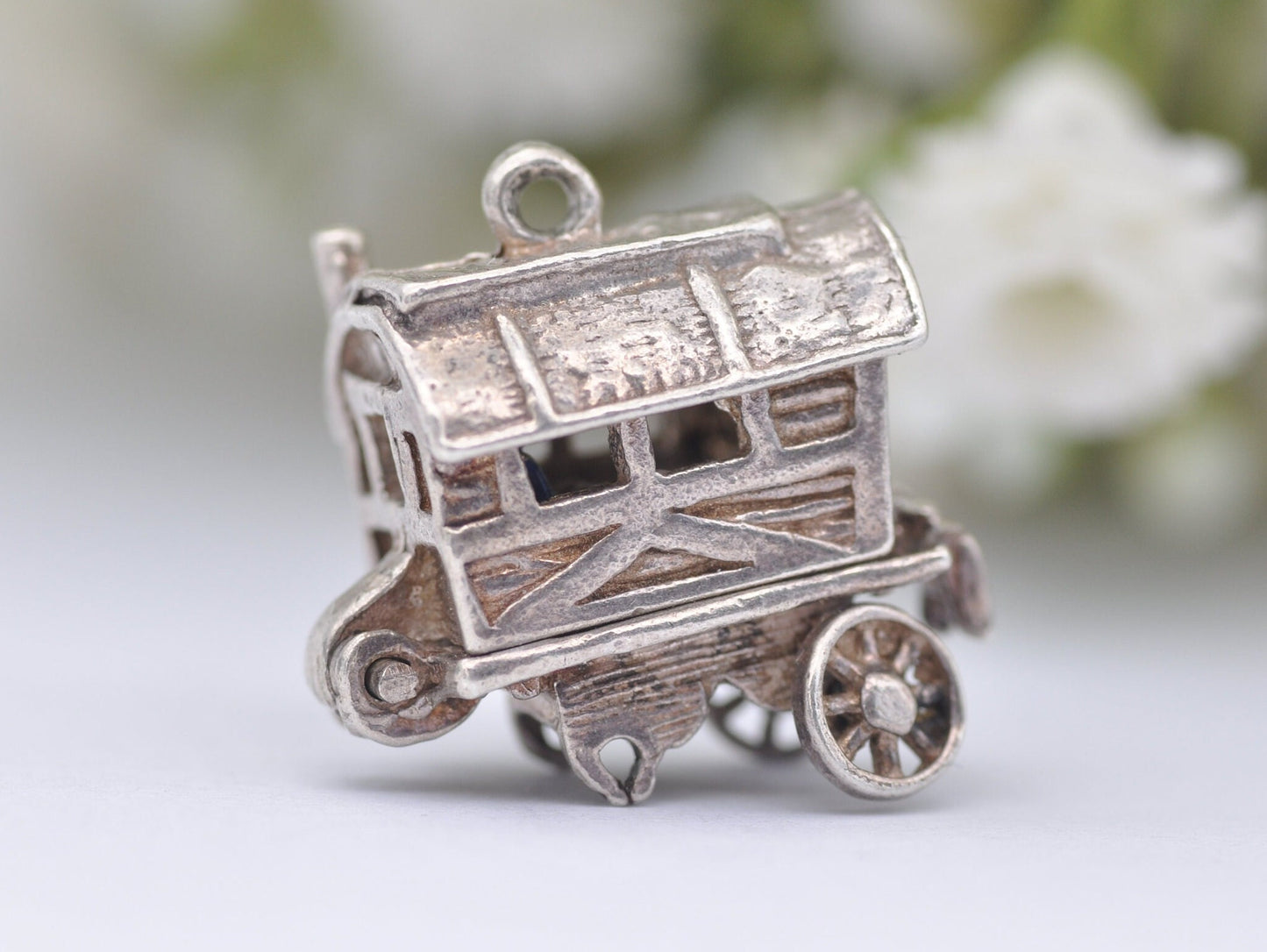 Vintage Sterling Silver Articulated Vardo Charm Opening to a Enamel Woman - Caravan / Hinge / Old / Charm Bracelet
