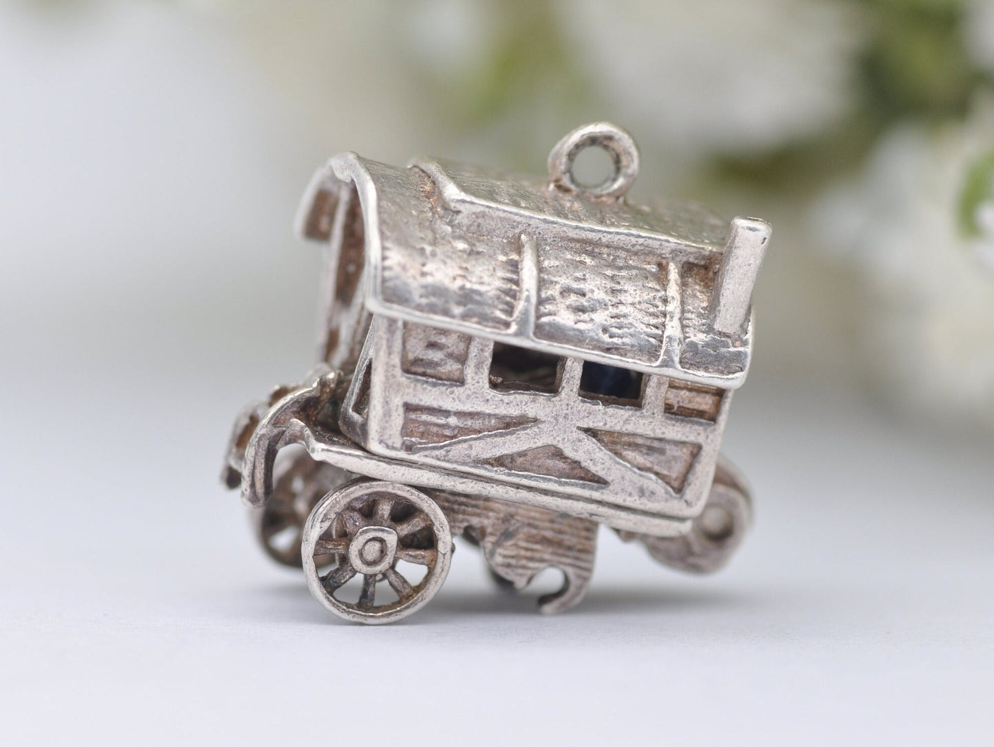 Vintage Sterling Silver Articulated Vardo Charm Opening to a Enamel Woman - Caravan / Hinge / Old / Charm Bracelet