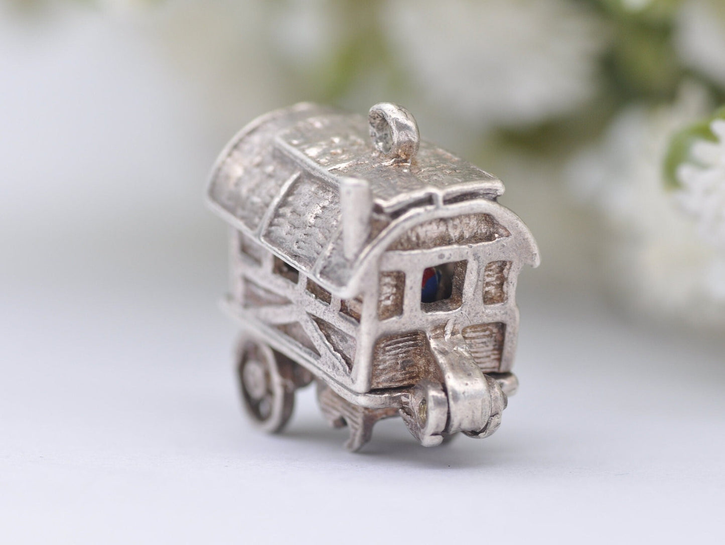 Vintage Sterling Silver Articulated Vardo Charm Opening to a Enamel Woman - Caravan / Hinge / Old / Charm Bracelet