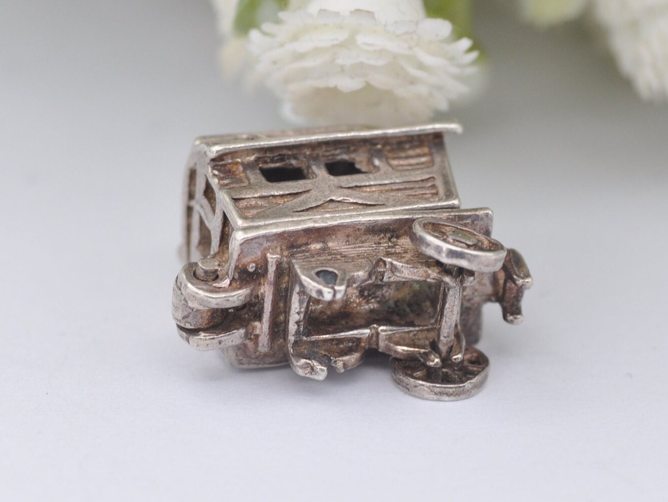 Vintage Sterling Silver Articulated Vardo Charm Opening to a Enamel Woman - Caravan / Hinge / Old / Charm Bracelet