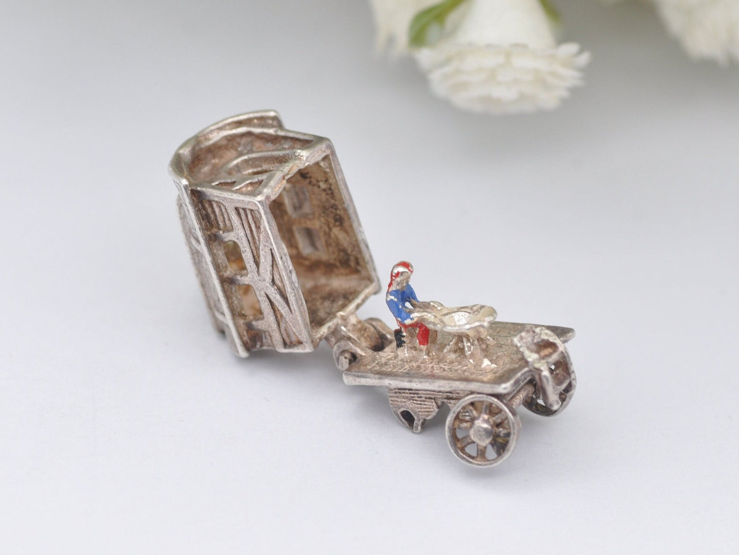 Vintage Sterling Silver Articulated Vardo Charm Opening to a Enamel Woman - Caravan / Hinge / Old / Charm Bracelet