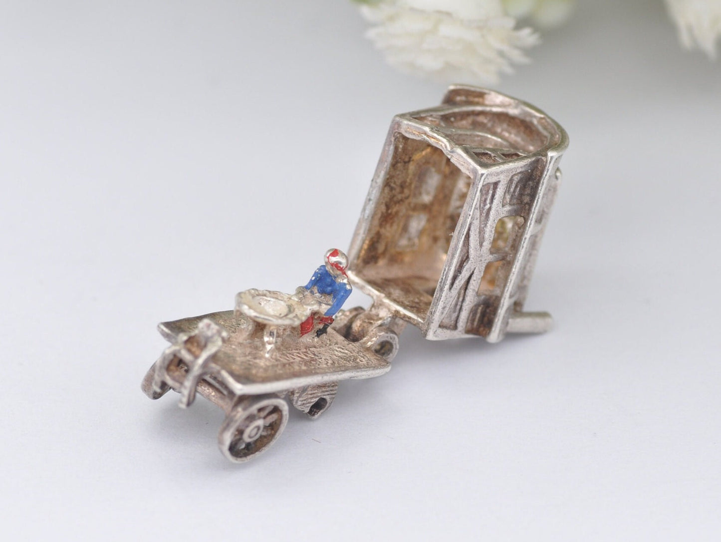 Vintage Sterling Silver Articulated Vardo Charm Opening to a Enamel Woman - Caravan / Hinge / Old / Charm Bracelet