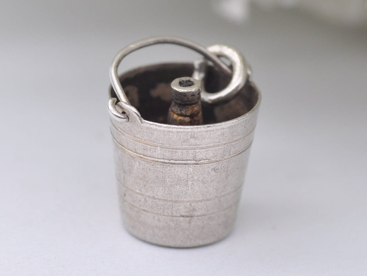 Vintage Sterling Silver Champagne Bottle in Bucket Charm / Pendant - Drinking / Alcohol / Charm Bracelet