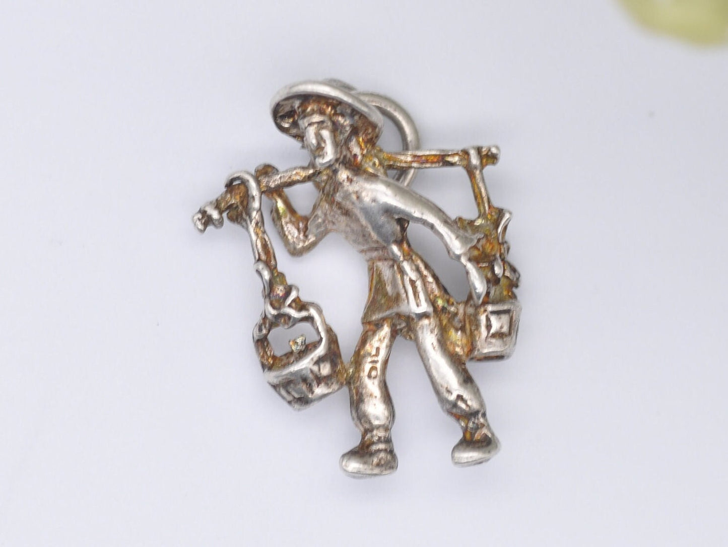Vintage Silver Man Carrying Buckets of Water Charm / Pendant - Water Buckets / Shoulder Yoke / Carrying Pole / Detailed / Charm Bracelet